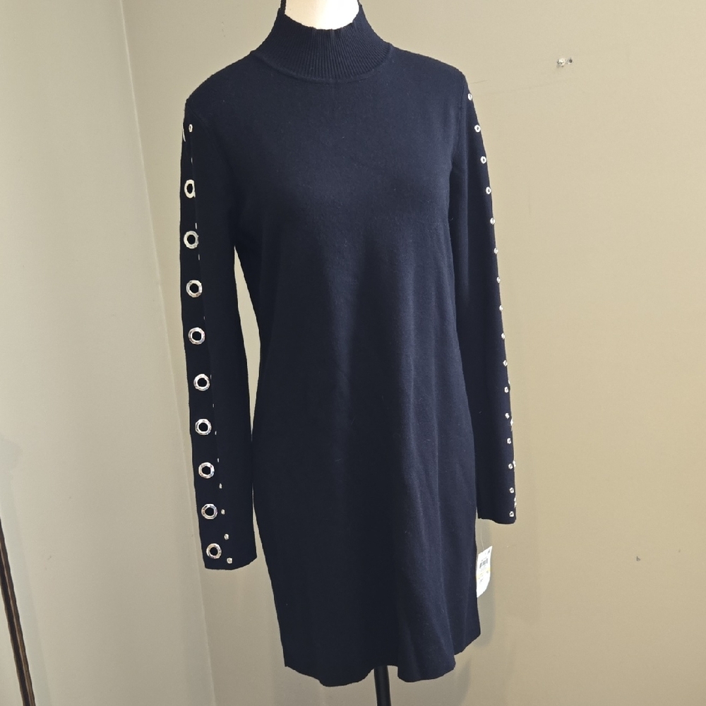 INC International Concepts Black Long Sleeve Dress W/ Eyelet Accents Size M NEW